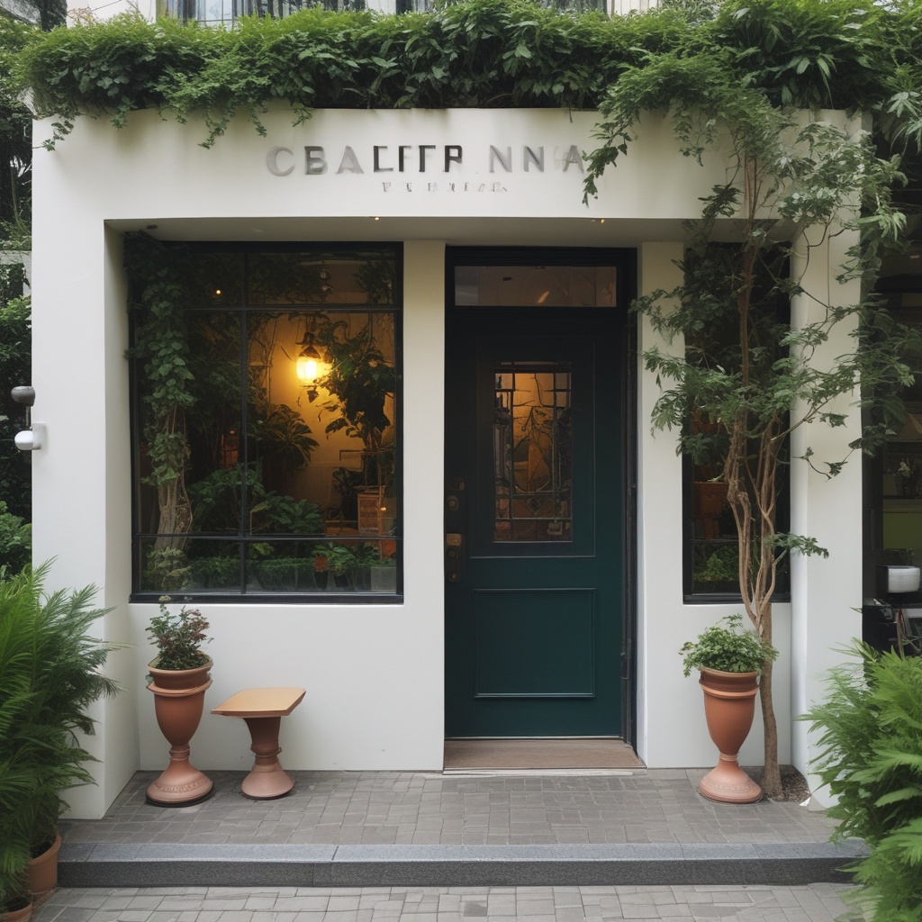 Inviting entrance of Botan cafe with lush green plants